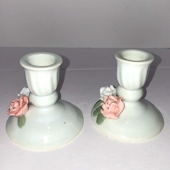 Vintage Porcelain Small Candle Stick Holders With Hand Painted Rose Design - Picture 6 of 12